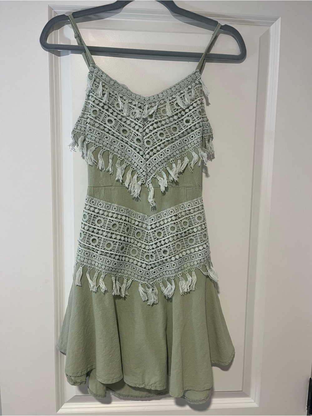 Light Sage Green Crochet Tassel Mini Dress